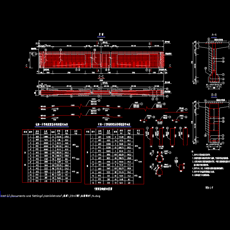 预应力混凝土连续梁桥T梁梁肋钢筋布置CAD图纸（L=25m）(dwg)