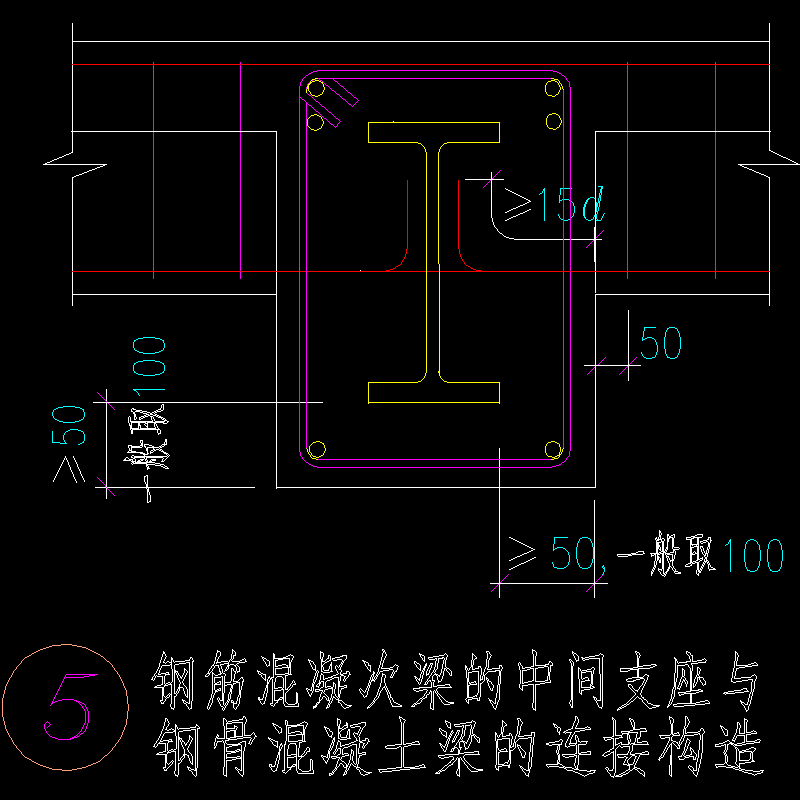 钢筋混凝次梁的中间支座与钢骨混凝土梁的连接节点构造CAD详图纸(dwg)