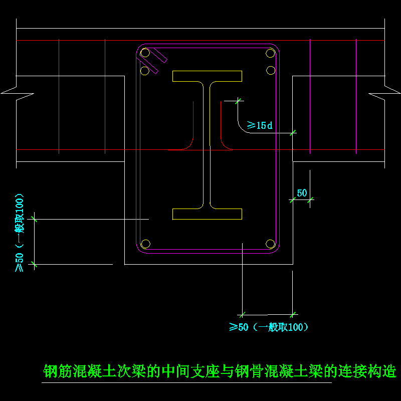 钢筋混凝土次梁的中间支座与钢骨混凝土梁的连接节点构造CAD详图纸(dwg)