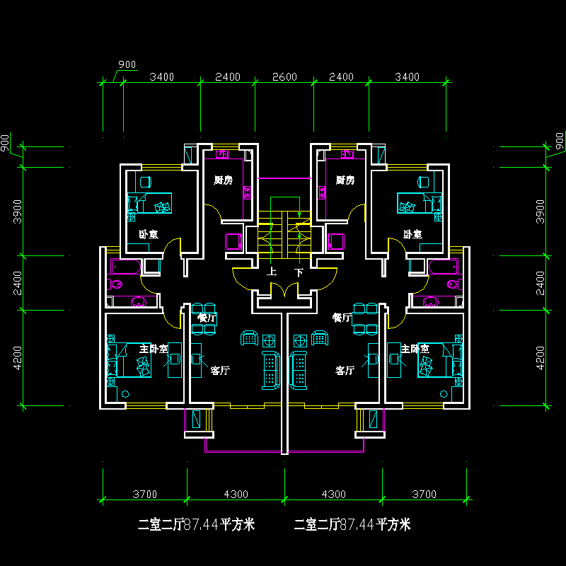 [CAD]板式多层一梯二户二室二厅一卫户型图纸(87/87).dwg