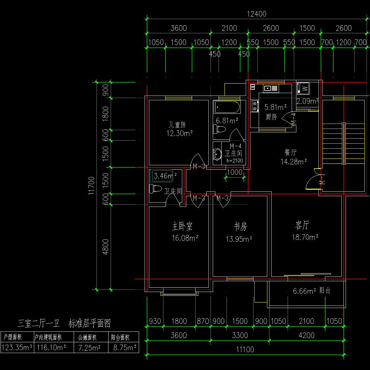 板式多层单户三室二厅一卫户型CAD图纸(123)