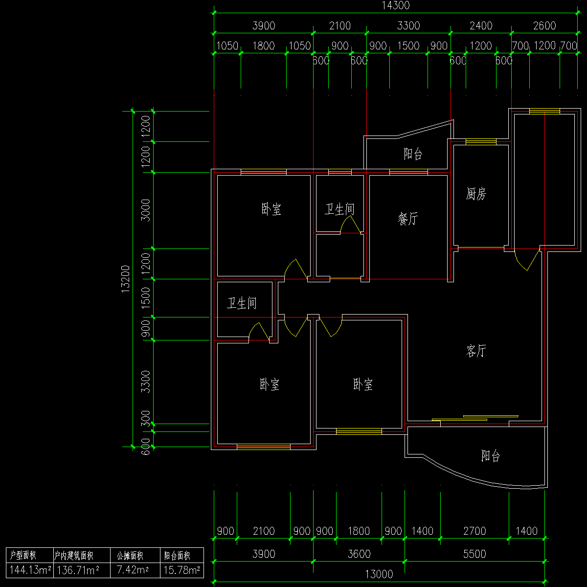 板式多层单户三室一厅二卫户型CAD图纸(144)