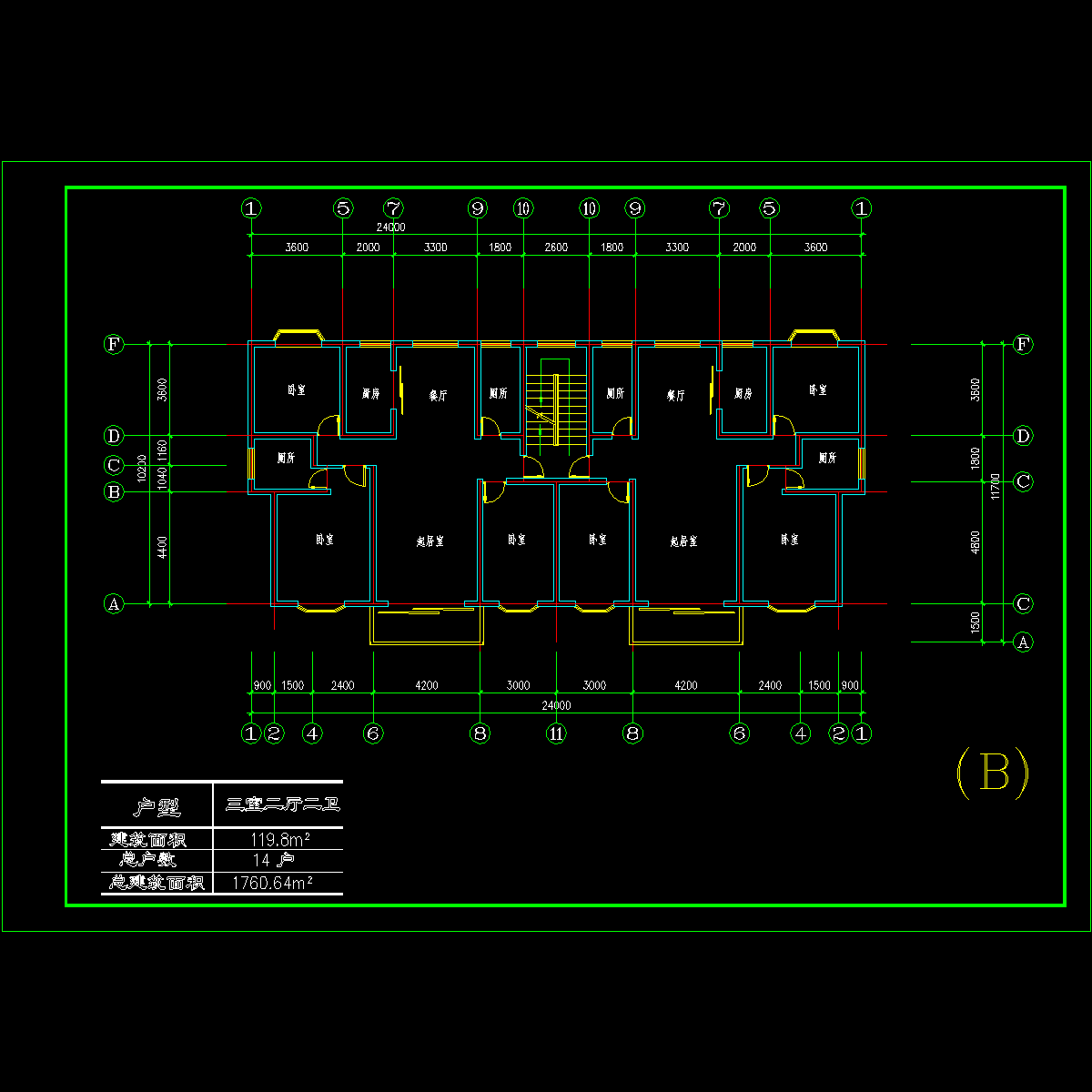 板式多层一梯二户户型CAD图纸(120/120)