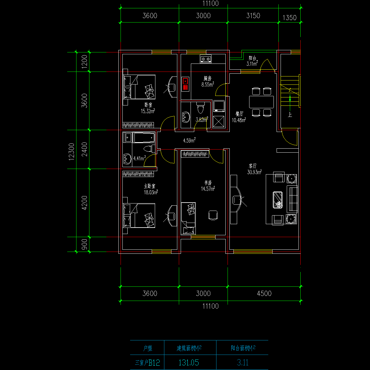 板式高层三室一厅单户户型CAD图纸(131)