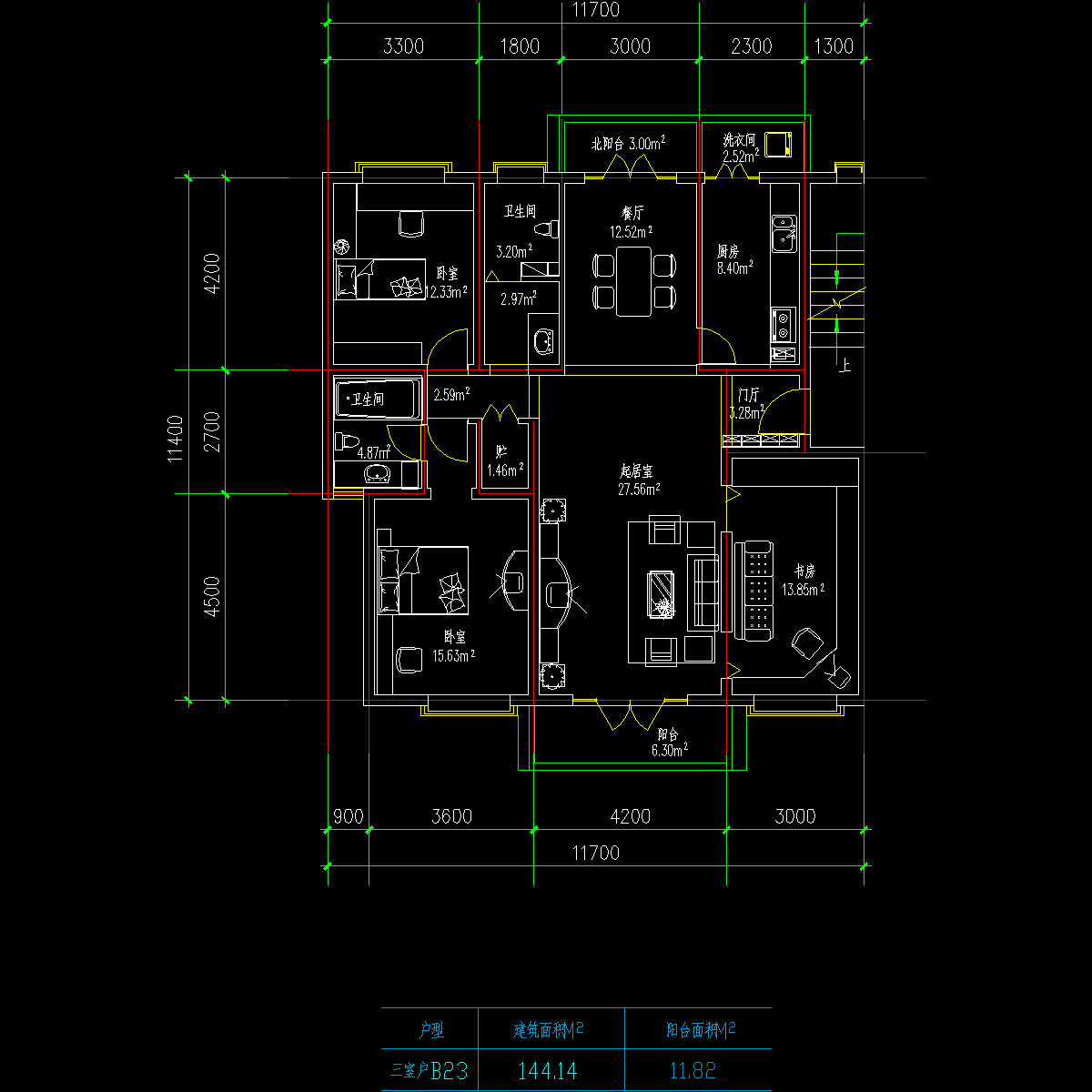 板式多层一梯两户三室一厅二卫户型CAD图纸(144.1/144.1)