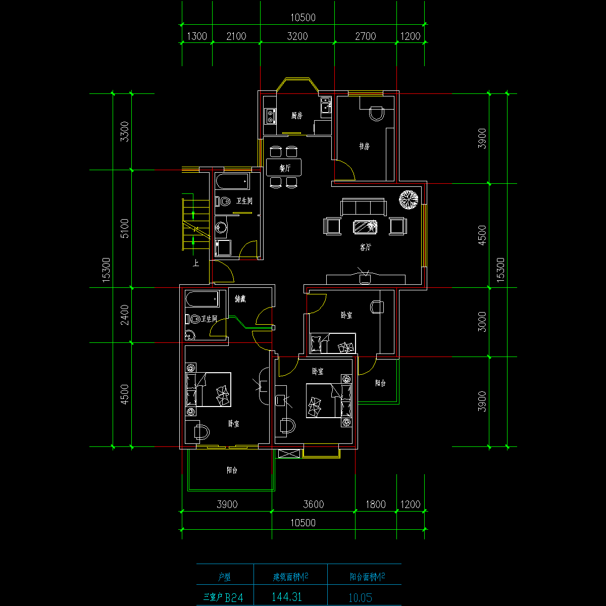 板式多层一梯两户三室一厅二卫户型CAD图纸(144.3/144.3)