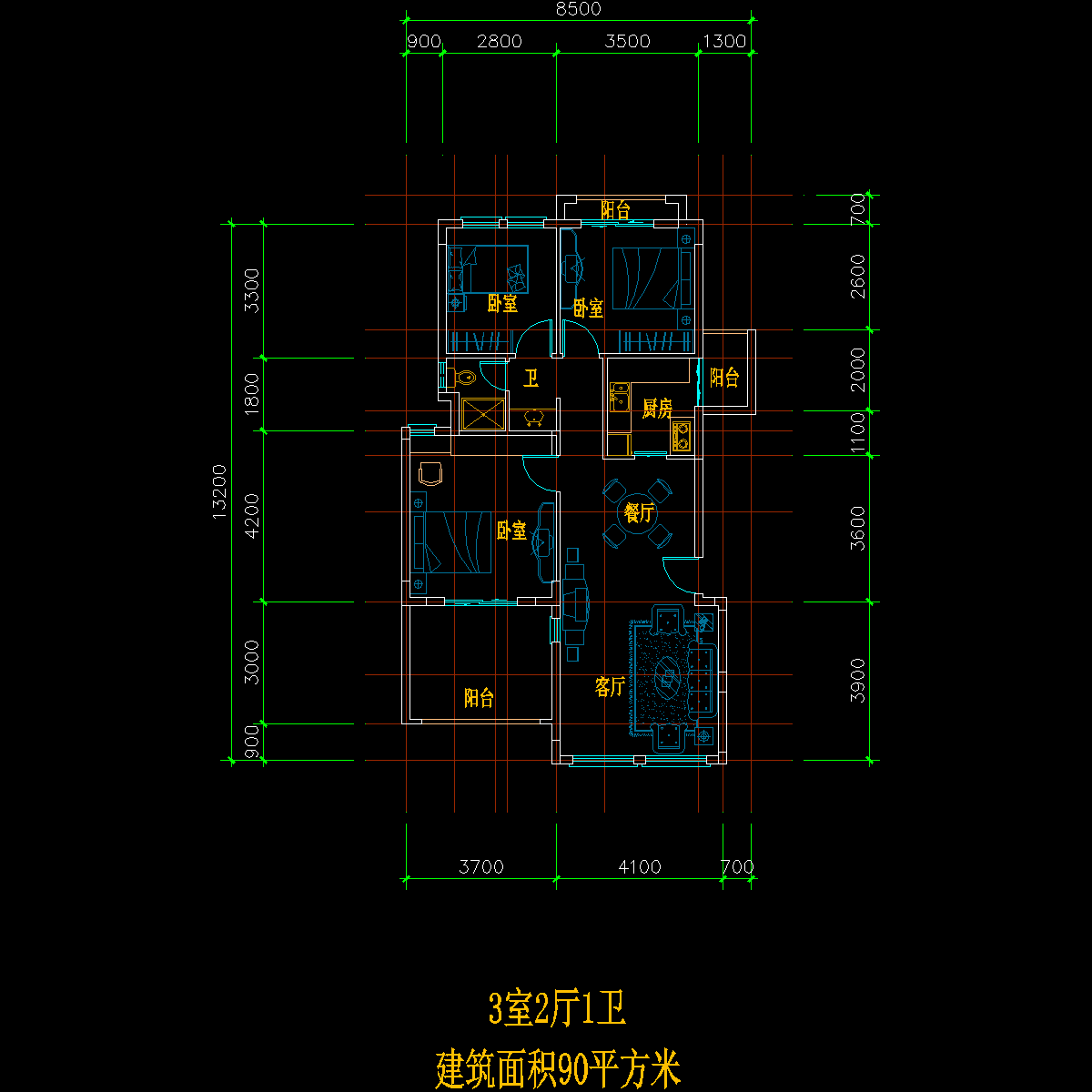 板式多层单户三室二厅一卫户型CAD图纸(90)