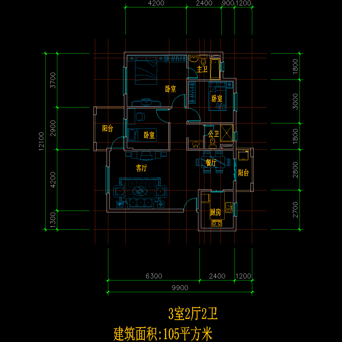 板式多层单户三室二厅二卫户型CAD图纸(105)
