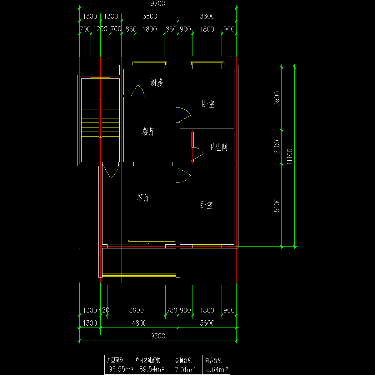 板式多层单户二室一厅一卫户型CAD图纸(97)