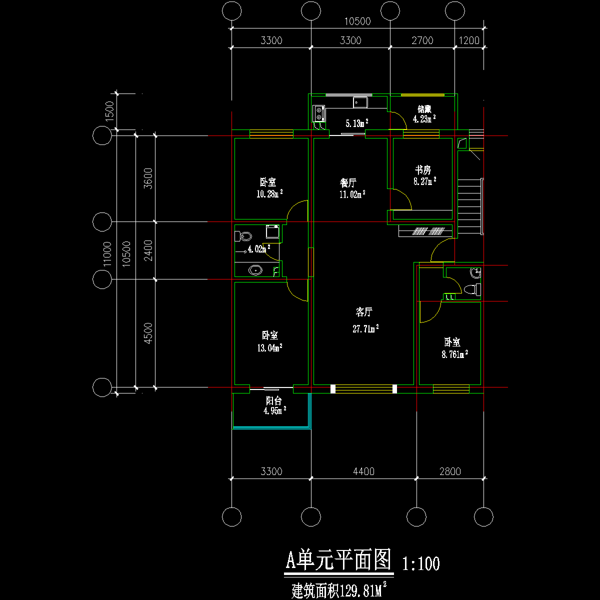 板式多层三室单户户型CAD图纸(130)